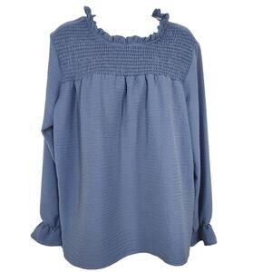Patrizia Luca Milano Top Women Medium Blue Ruffle Neck Smocking Long Puff Sleeve
